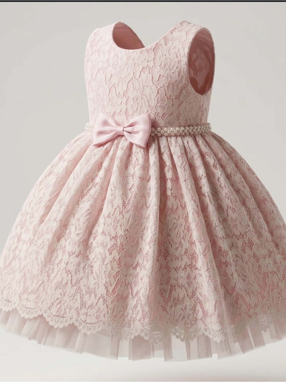 American Princess Pink Lace Party Dress with Satin Bow and Pearl Waist